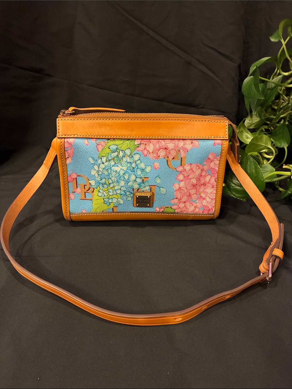 Dooney & Bourke - Blue & Pink Hydrangea Monogram Crossbody - Leather Trim (ABBA)